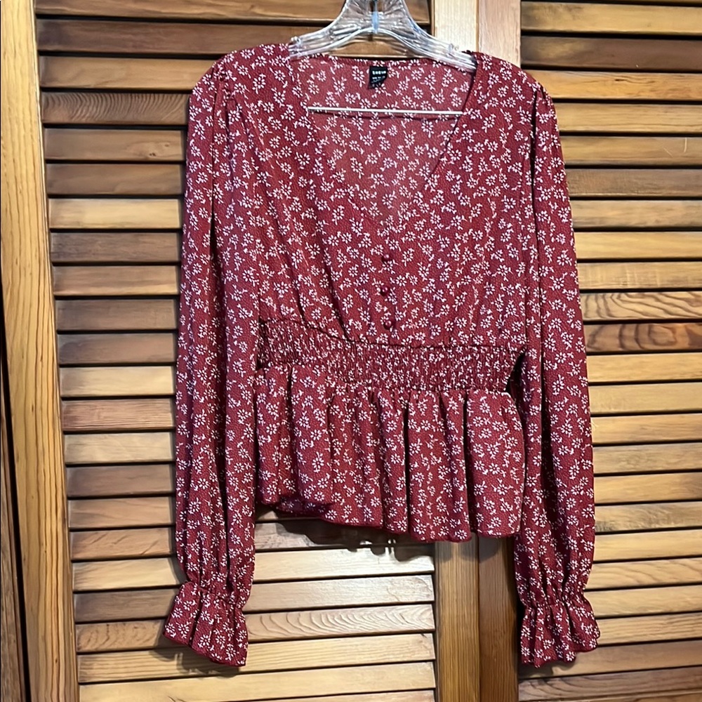 SHEIN Red Wrap Blouse with Ruffled Sleeves